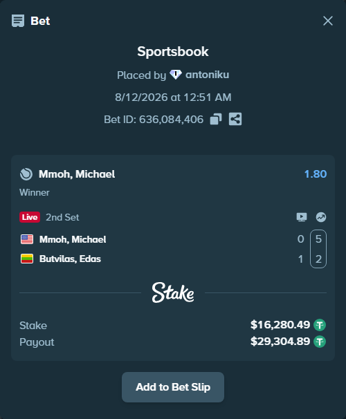 Bet slip: Mmoh, Michael - Butvilas, Edas, $16,296.77 stake at 1.80 odds, placed by antoniku