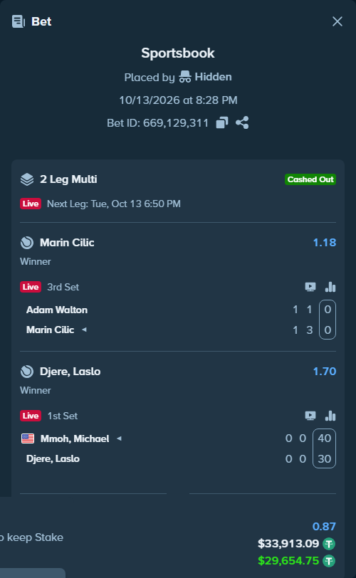 Bet slip: Mmoh, Michael - Djere, Laslo, $33,947.00 stake at 1.70 odds, placed by Hidden