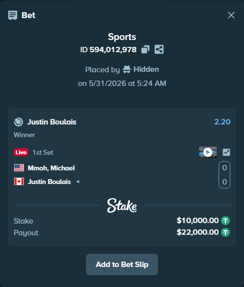 Bet slip: Mmoh, Michael - Justin Boulais, $10,010.00 stake at 2.20 odds, placed by Hidden