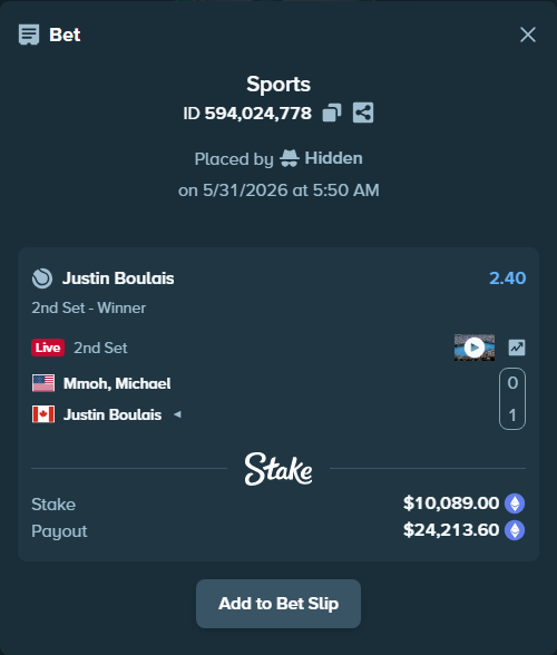 Bet slip: Mmoh, Michael - Justin Boulais, $8,636.79 stake at 2.40 odds, placed by Hidden