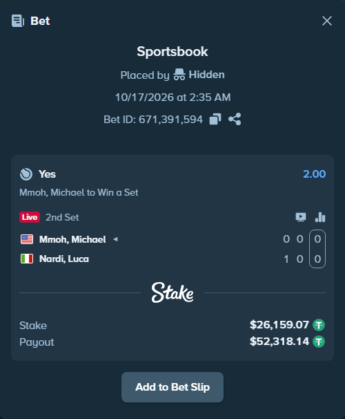 Bet slip: Mmoh, Michael - Nardi, Luca, $26,185.23 stake at 2.00 odds, placed by Hidden