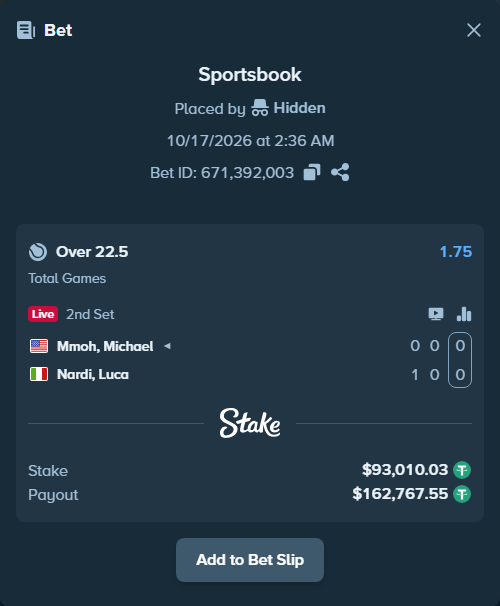 Bet slip: Mmoh, Michael - Nardi, Luca, $93,103.04 stake at 1.75 odds, placed by Hidden