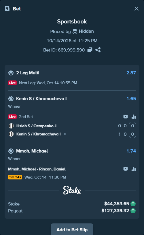 Bet slip: Mmoh, Michael - Rincon, Daniel, $44,398.00 stake at 1.74 odds, placed by Hidden