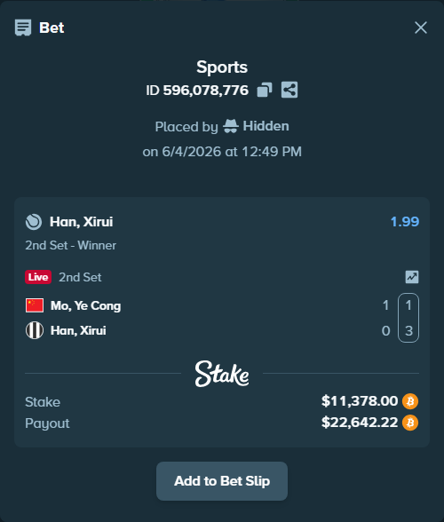Bet slip: Mo, Ye Cong - Han, Xirui, $11,579.40 stake at 1.99 odds, placed by Hidden