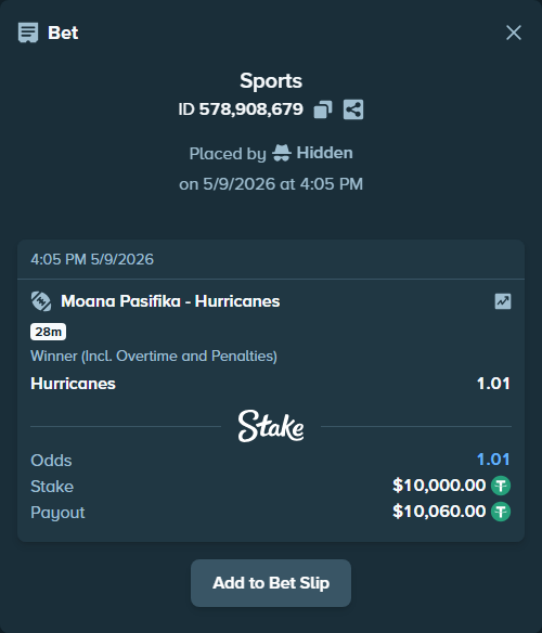 Bet slip: Moana Pasifika - Hurricanes, $10,000.00 stake at 1.01 odds, placed by Hidden