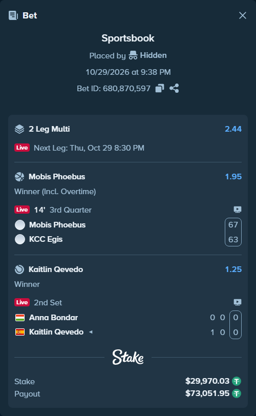 Bet slip: Mobis Phoebus - KCC Egis, $30,000.00 stake at 1.95 odds, placed by Hidden