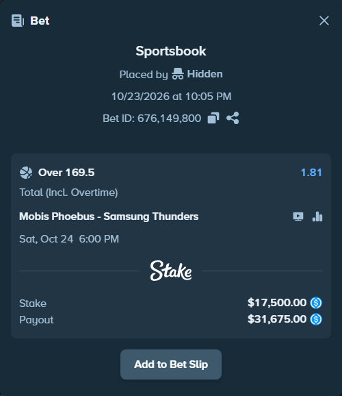 Bet slip: Mobis Phoebus - Samsung Thunders, $17,500.00 stake at 1.81 odds, placed by Hidden