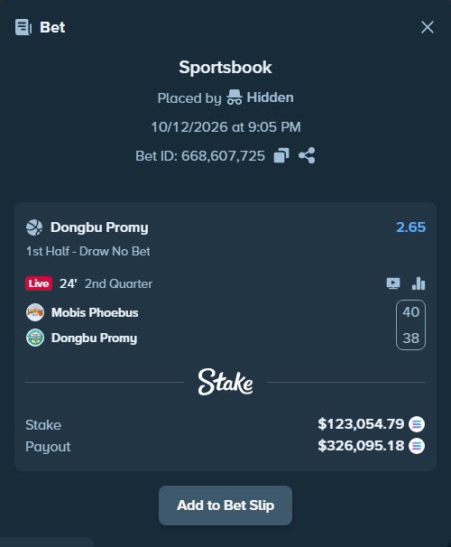 Bet slip: Mobis Phoebus - Wonju DB New Generation, $122,543.47 stake at 2.65 odds, placed by Prettylfacko98