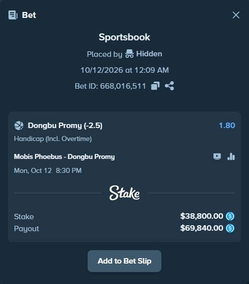 Bet slip: Mobis Phoebus - Wonju DB New Generation, $38,800.00 stake at 1.80 odds, placed by Hidden
