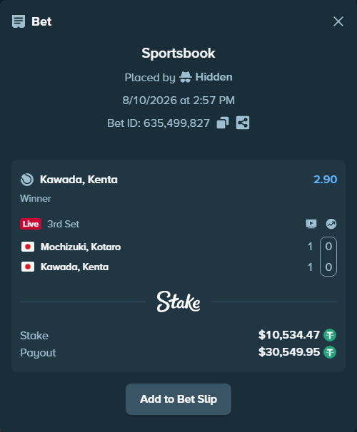 Bet slip: Mochizuki, Kotaro - Kawada, Kenta, $10,545.00 stake at 2.90 odds, placed by Hidden