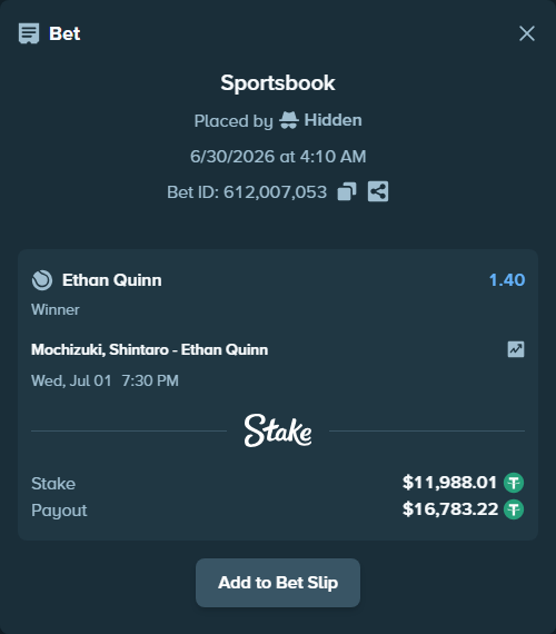 Bet slip: Mochizuki, Shintaro - Ethan Quinn, $12,000.00 stake at 1.40 odds, placed by Hidden