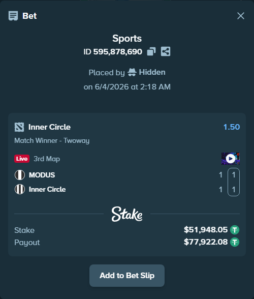 Bet slip: MODUS - Inner Circle, $52,000.00 stake at 1.50 odds, placed by Hidden