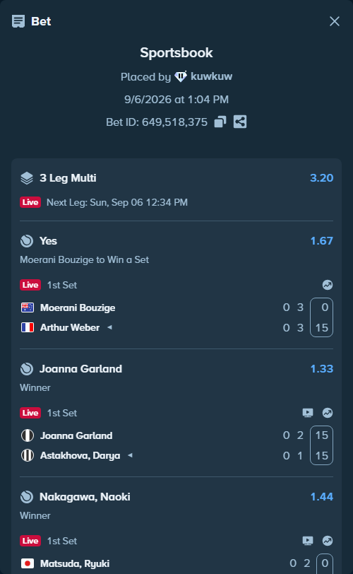 Bet slip: Moerani Bouzige - Arthur Weber, $16,900.00 stake at 1.67 odds, placed by kuwkuw