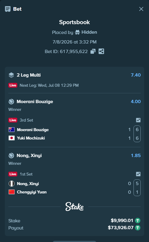 Bet slip: Moerani Bouzige - Yuki Mochizuki, $10,000.00 stake at 4.00 odds, placed by Hidden