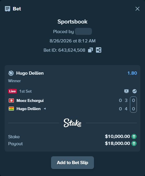 Bet slip: Moez Echargui - Hugo Dellien, $10,000.00 stake at 1.80 odds, placed by Jason8765