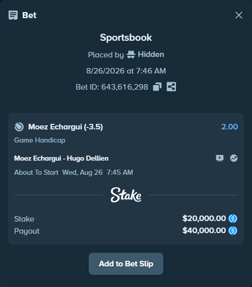Bet slip: Moez Echargui - Hugo Dellien, $20,000.00 stake at 2.00 odds, placed by Hidden