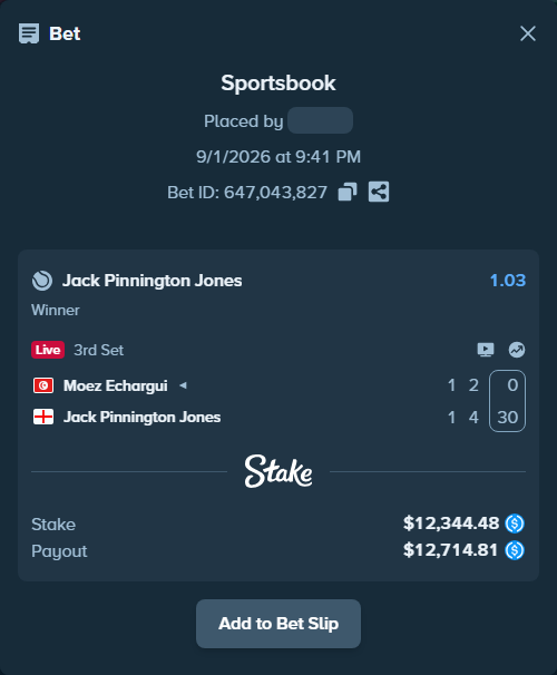 Bet slip: Moez Echargui - Jack Pinnington Jones, $12,344.48 stake at 1.03 odds, placed by Arbe7