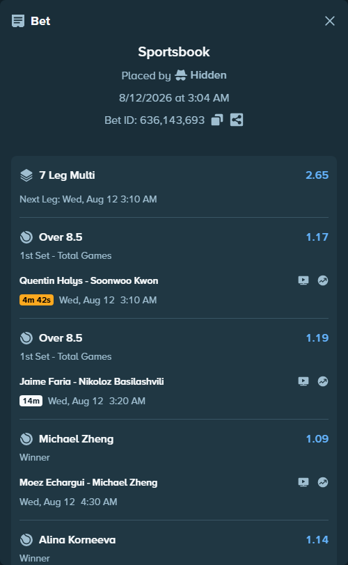 Bet slip: Moez Echargui - Michael Zheng, $125,000.00 stake at 1.09 odds, placed by Hidden