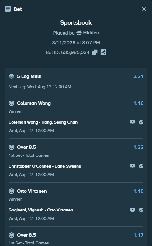 Bet slip: Moez Echargui - Michael Zheng, $40,671.95 stake at 1.13 odds, placed by Hidden