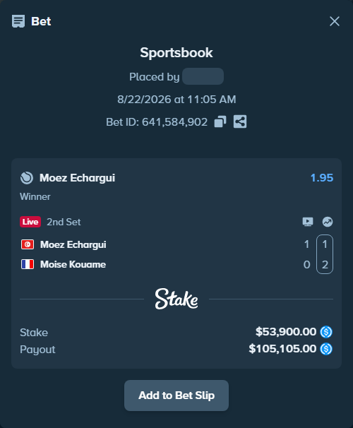 Bet slip: Moez Echargui - Moise Kouame, $53,900.00 stake at 1.95 odds, placed by kuwkuw