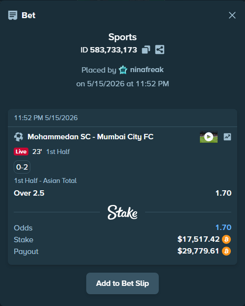 Bet slip: Mohammedan SC - Mumbai City, $14,223.54 stake at 1.70 odds, placed by ninafreak