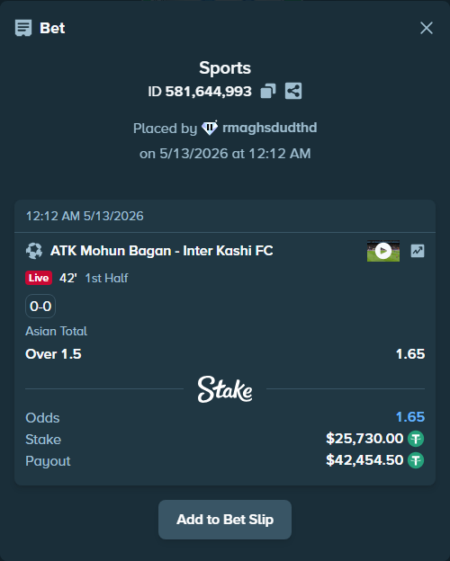 Bet slip: Mohun Bagan Super Giant - Inter Kashi FC, $25,730.00 stake at 1.65 odds, placed by rmaghsdudthd