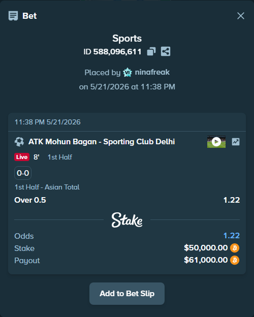 Bet slip: Mohun Bagan Super Giant - Sporting Club Delhi, $41,718.01 stake at 1.22 odds, placed by ninafreak