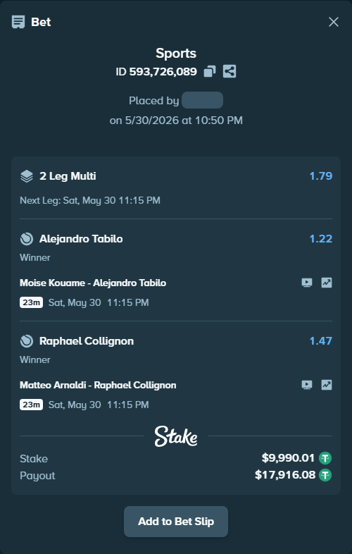 Bet slip: Moise Kouame - Alejandro Tabilo, $10,000.00 stake at 1.22 odds, placed by Thanoscape