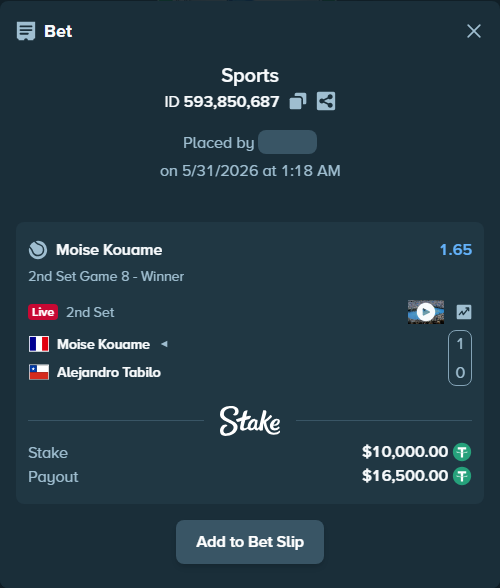Bet slip: Moise Kouame - Alejandro Tabilo, $10,010.00 stake at 1.65 odds, placed by Kriski99