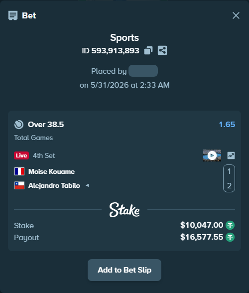 Bet slip: Moise Kouame - Alejandro Tabilo, $10,057.05 stake at 1.65 odds, placed by Kriski99