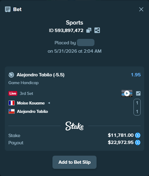 Bet slip: Moise Kouame - Alejandro Tabilo, $11,781.00 stake at 1.95 odds, placed by OlegStake27