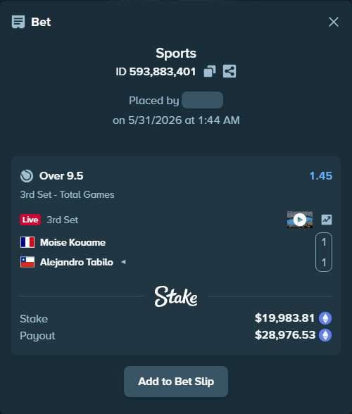 Bet slip: Moise Kouame - Alejandro Tabilo, $17,131.61 stake at 1.45 odds, placed by azosuka