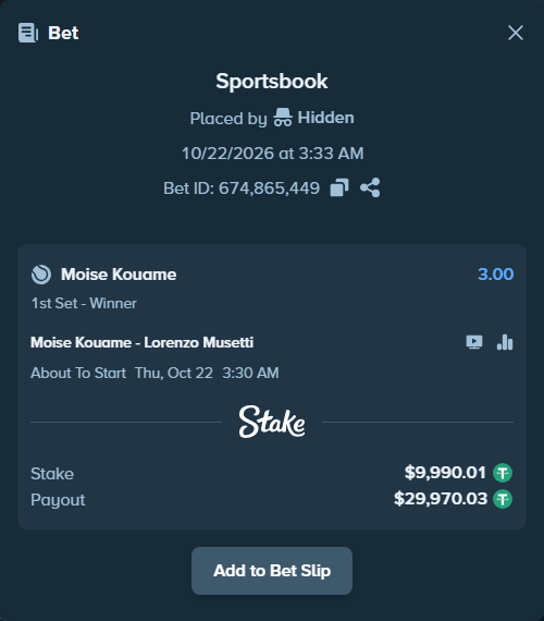 Bet slip: Moise Kouame - Lorenzo Musetti, $10,000.00 stake at 3.00 odds, placed by WinTr10