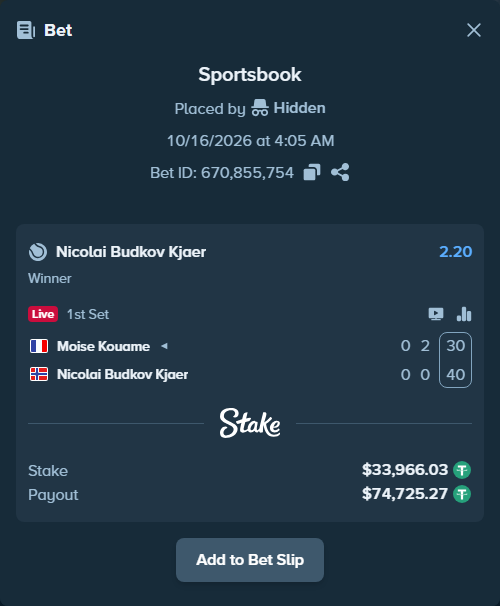 Bet slip: Moise Kouame - Nicolai Budkov Kjaer, $34,000.00 stake at 2.20 odds, placed by Hidden