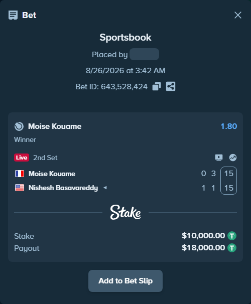 Bet slip: Moise Kouame - Nishesh Basavareddy, $10,000.00 stake at 1.80 odds, placed by WinTr10