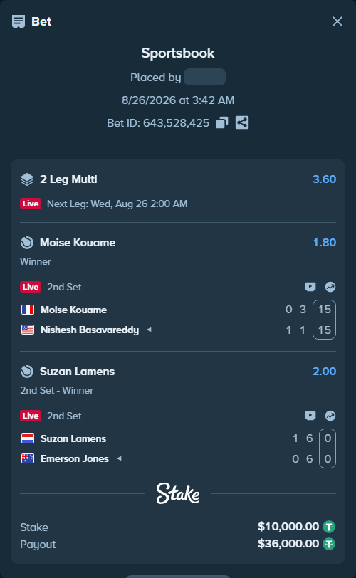 Bet slip: Moise Kouame - Nishesh Basavareddy, $10,000.00 stake at 1.80 odds, placed by WinTr10