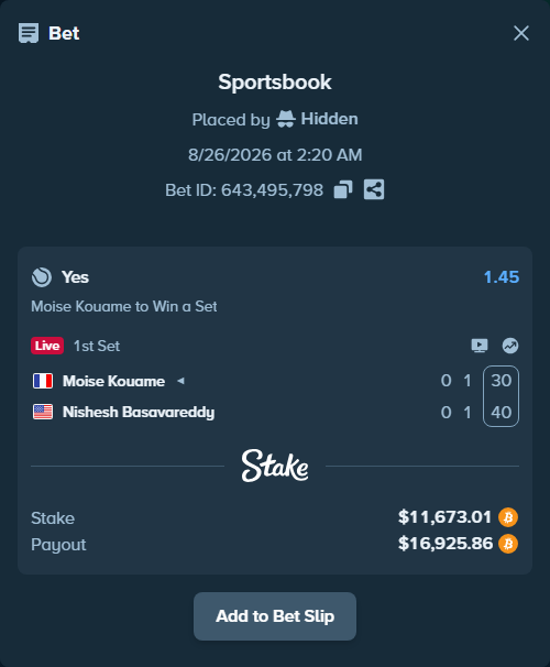 Bet slip: Moise Kouame - Nishesh Basavareddy, $11,659.01 stake at 1.45 odds, placed by Hidden