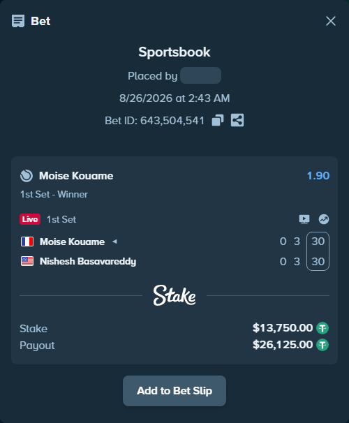 Bet slip: Moise Kouame - Nishesh Basavareddy, $13,750.00 stake at 1.90 odds, placed by WinTr10