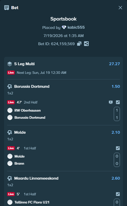 Bet slip: Molde - Brann, $17,568.14 stake at 2.10 odds, placed by kabic555