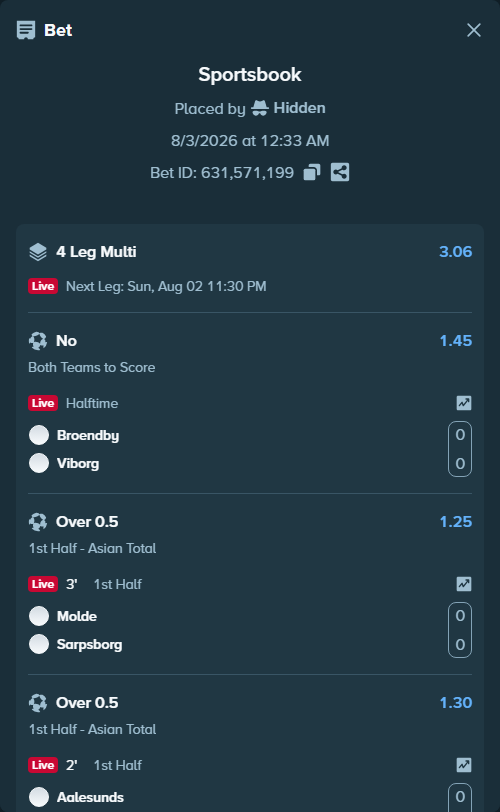Bet slip: Molde - Sarpsborg, $60,547.84 stake at 1.25 odds, placed by Hidden