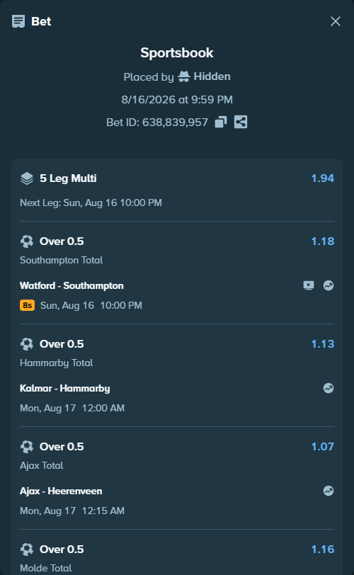 Bet slip: Molde - Tromso, $11,373.36 stake at 1.16 odds, placed by Hidden