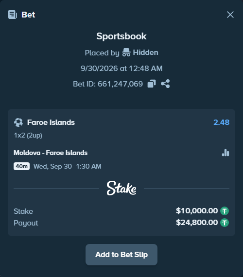 Bet slip: Moldova - Faroe Islands, $10,000.00 stake at 2.48 odds, placed by DMNTE96