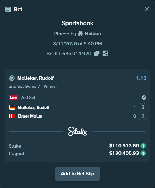 Bet slip: Molleker, Rudolf - Elmer Moller, $110,624.02 stake at 1.18 odds, placed by Hidden