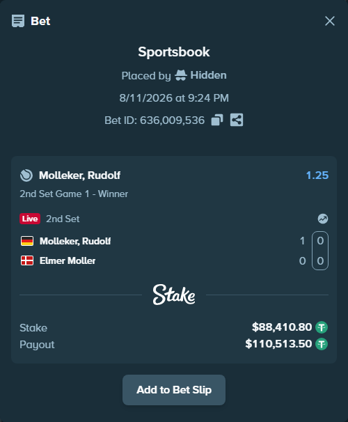 Bet slip: Molleker, Rudolf - Elmer Moller, $88,499.21 stake at 1.25 odds, placed by Hidden