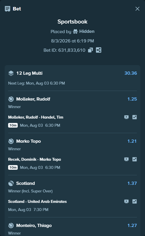 Bet slip: Molleker, Rudolf - Handel, Tim, $16,683.93 stake at 1.25 odds, placed by Hidden