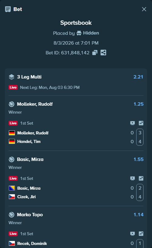 Bet slip: Molleker, Rudolf - Handel, Tim, $20,000.00 stake at 1.25 odds, placed by Hidden