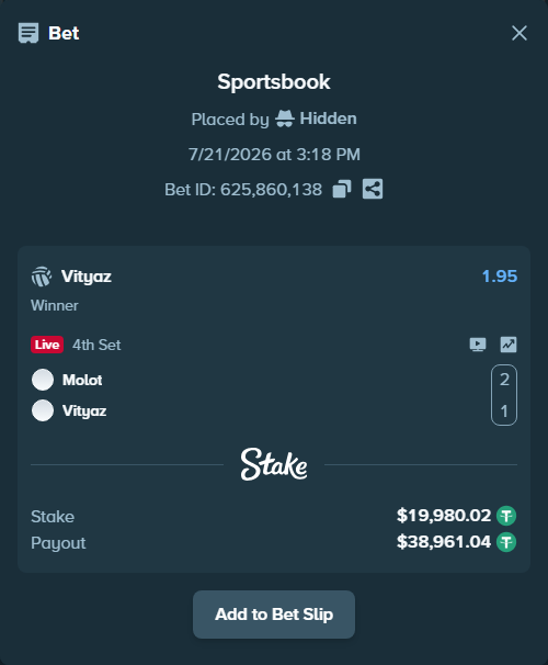 Bet slip: Molot - Vityaz, $20,000.00 stake at 1.95 odds, placed by Hidden