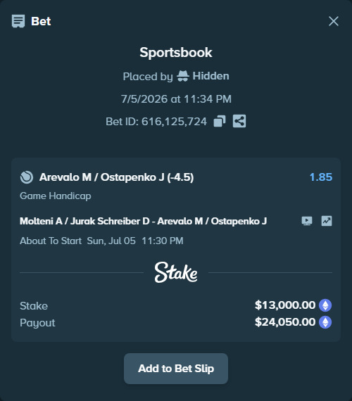 Bet slip: Molteni A / Jurak Schreiber D - Arevalo M / Ostapenko J, $13,122.99 stake at 1.85 odds, placed by Hidden