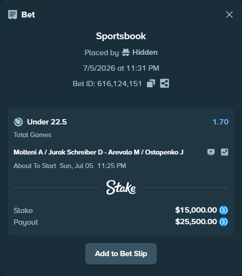 Bet slip: Molteni A / Jurak Schreiber D - Arevalo M / Ostapenko J, $15,000.00 stake at 1.70 odds, placed by Hidden