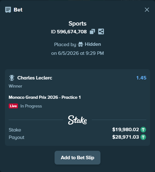 Bet slip: Monaco Grand Prix 2026 - Practice 1, $20,000.00 stake at 1.45 odds, placed by Hidden